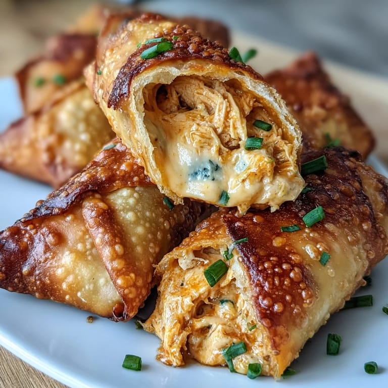 Close-up of a halved Buffalo Chicken Dip Egg Roll revealing creamy chicken and melty cheddar filling.
