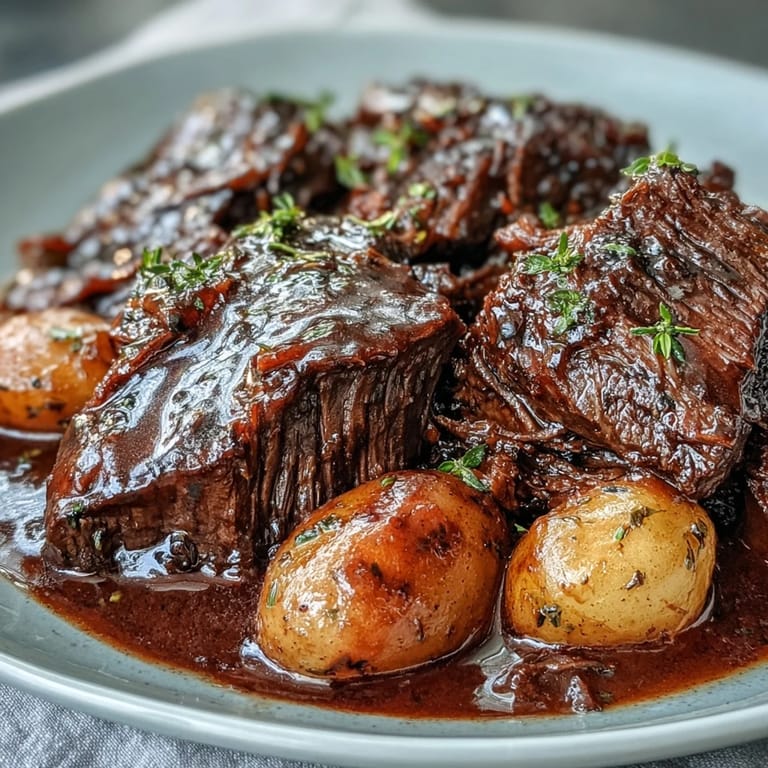 Classic American beef pot roast slow-braised with red wine, rosemary, and hearty vegetables.  