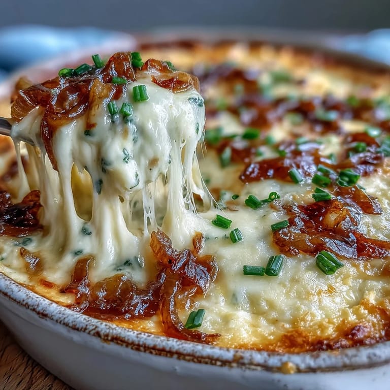 A spoon scooping warm Smoked Gouda & Onion Dip, revealing a creamy texture with caramelized onions and savory cheese.