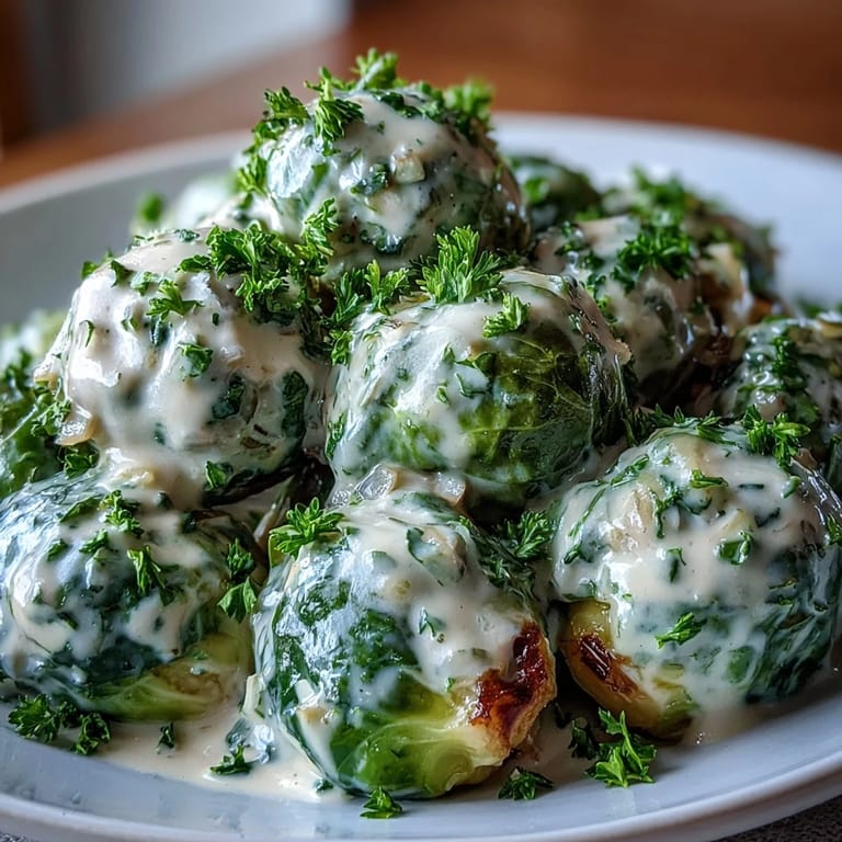 Lush Brussels sprouts in a silky cream cheese mustard sauce, plated for a cozy dinner alongside roasted chicken or baked tofu.  