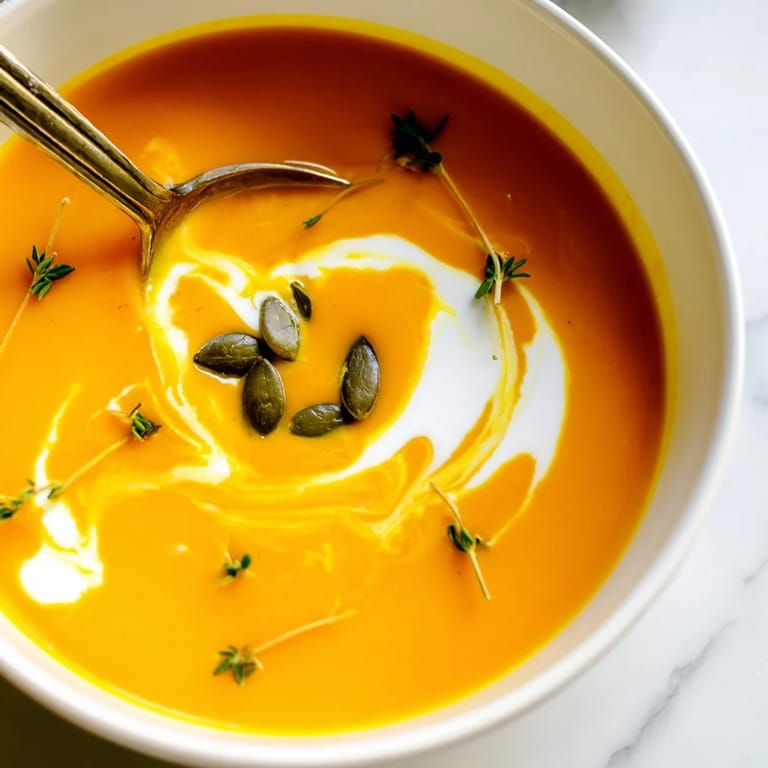 Roasted Butternut Squash Soup ladled into a ceramic bowl, its smooth, golden-orange texture glowing warmly under soft kitchen lighting.