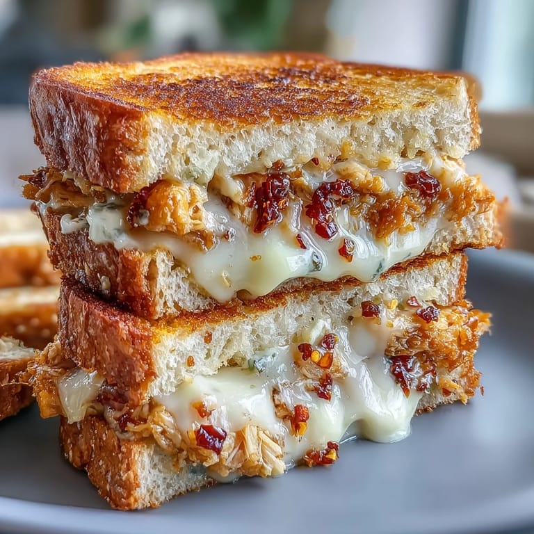 Sizzling Goat Cheese & Hot Honey Chicken Grilled Cheese in a skillet, melty and golden with a side of arugula salad.