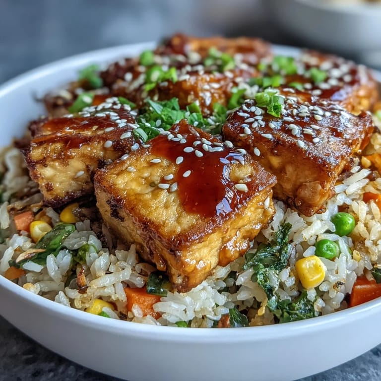 A close-up of golden tofu pieces and stir-fried jasmine rice coated in a glossy soy–sesame–ginger sauce, served with vibrant peas, carrots, and corn.