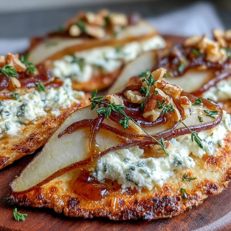 Sliced pears and creamy goat cheese on a warm Goat Cheese & Pear Flatbread, topped with chopped walnuts for crunch.