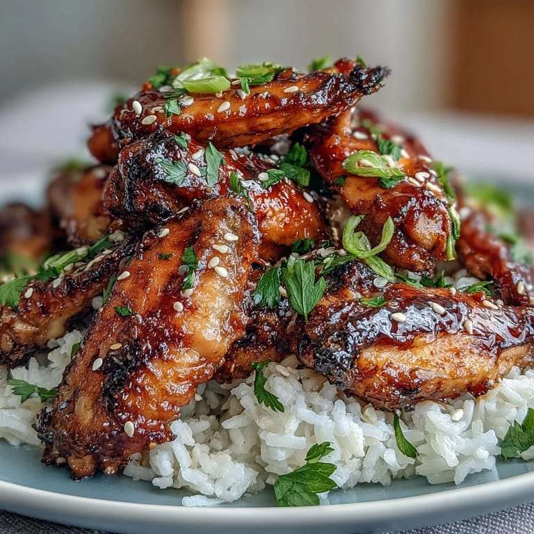 A close-up of glazed Oven-Baked Honey Garlic Chicken Wings sitting atop fluffy rice, garnished with fresh green onions.