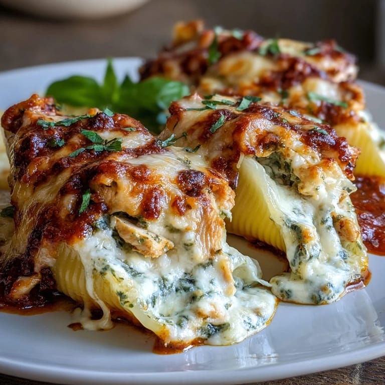Spoon ready Pesto Lasagna Stuffed Shells with golden cheese and rich red sauce, served with salad.