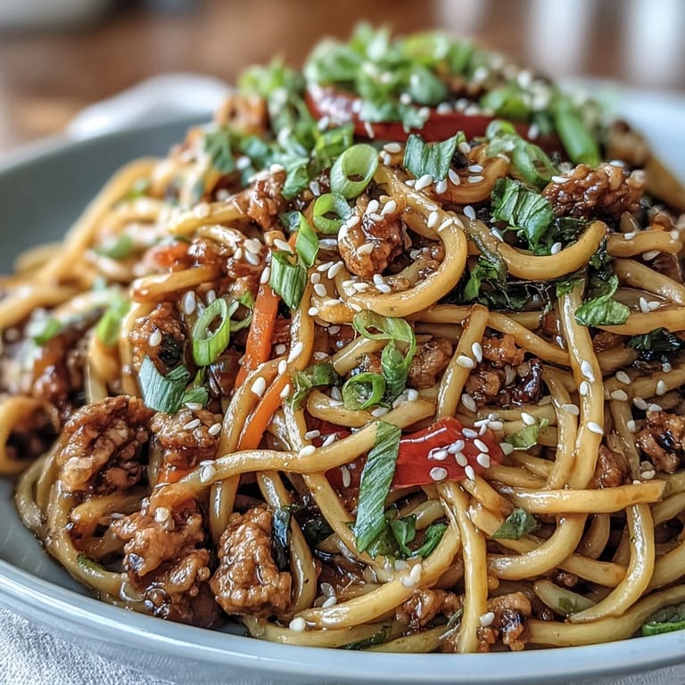 Ground turkey and chewy noodles coated in glossy sweet-spicy Korean sauce, garnished with sesame seeds.