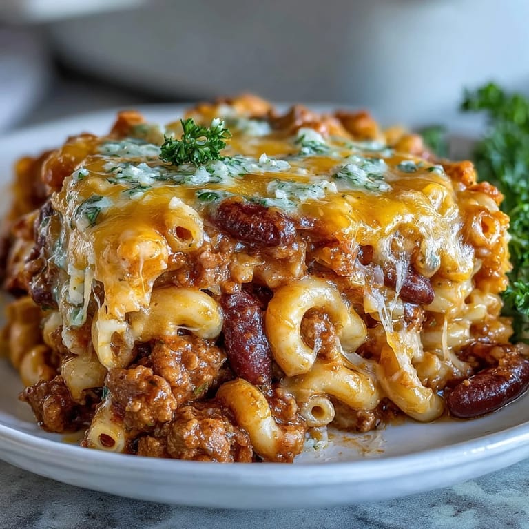 Spoonful of Baked Ranch Turkey Chili Mac revealing tender elbow macaroni, ground turkey, kidney beans, and black beans in a rich tomato sauce.