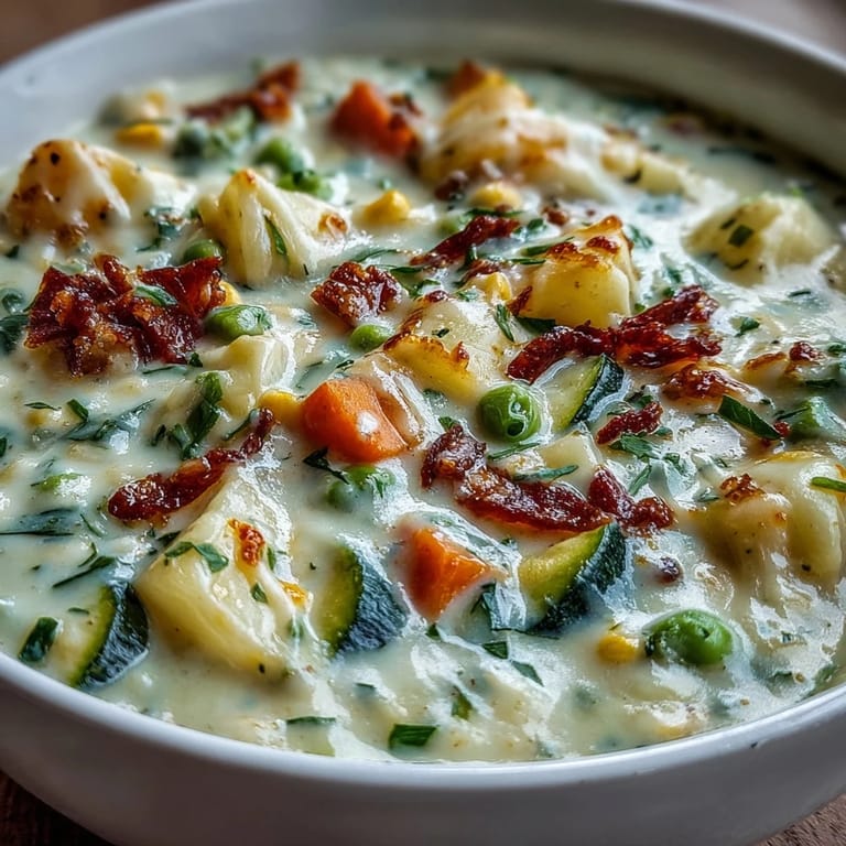 Served alongside crusty artisan bread, this Creamy Garlic Parmesan Veggie Soup looks creamy, cheesy, and comforting for dinner.