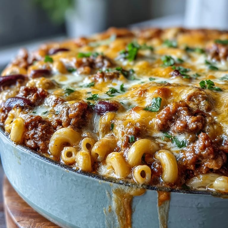 This comforting Baked Ranch Turkey Chili Mac casserole features creamy cheddar, ground turkey, and beans, fresh from the oven.