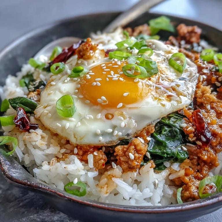 Weeknight Creamy Korean Turkey Rice Skillet topped with halved jammy eggs, sesame seeds, and kimchi alongside for serving.