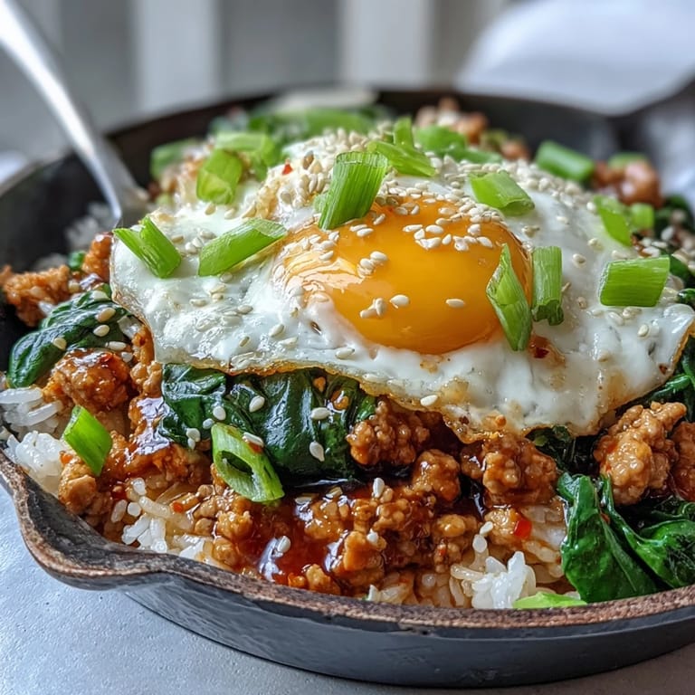 Ground turkey, carrots, and spinach simmer in a gochujang sauce, mixed with fluffy rice in this creamy skillet.