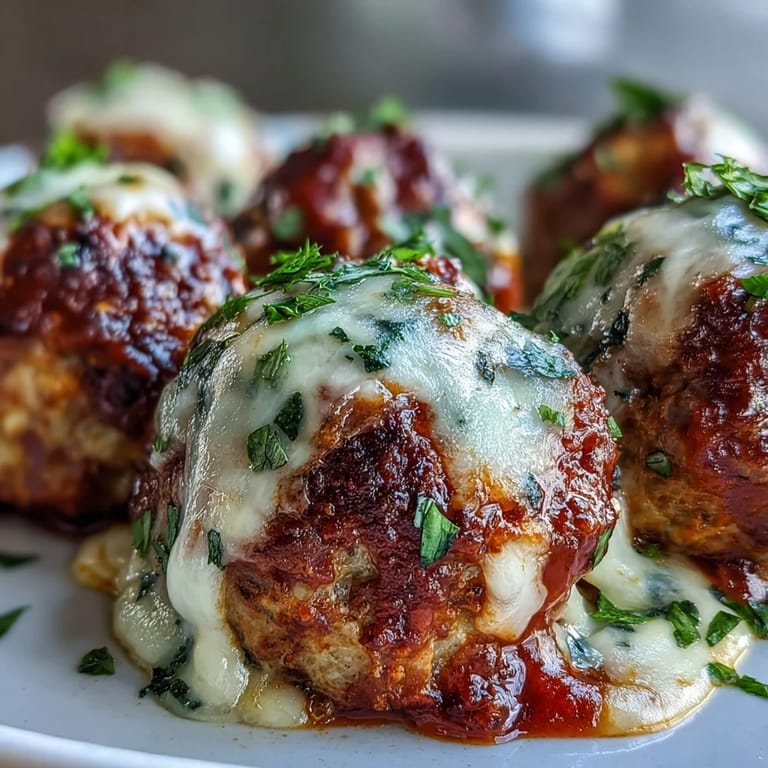 Sixteen juicy Baked Spicy Chicken Parm Meatballs are garnished with fresh parsley, ready to be served over spaghetti noodles for a family dinner.