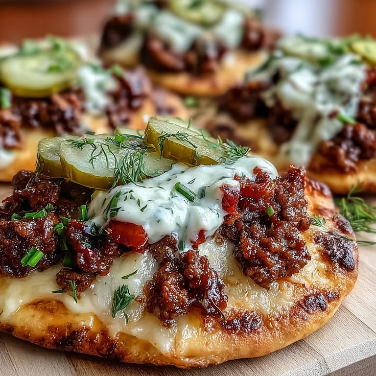 The Cheeseburger Garlic Naan Pizzas feature bubbly, golden-brown crusts topped with savory ground beef, creamy cheddar sauce, and fresh diced tomato and chives.
