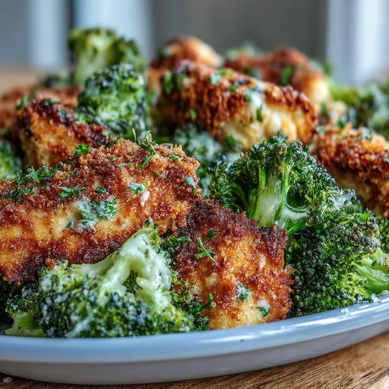 A close-up of crunchy panko and Parmesan topping on tender chicken and roasted broccoli florets. 