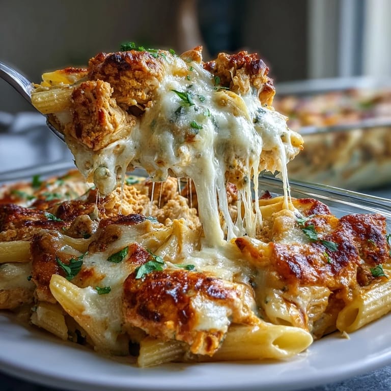Steam rises from a forkful of spicy penne with shredded chicken and melty cheese in a baking dish. 