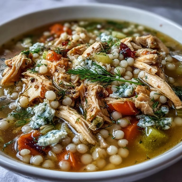 Hearty Greek Chicken & Pearl Couscous Soup simmering in a pot, featuring tender chicken, diced carrots, and pearl couscous in broth.