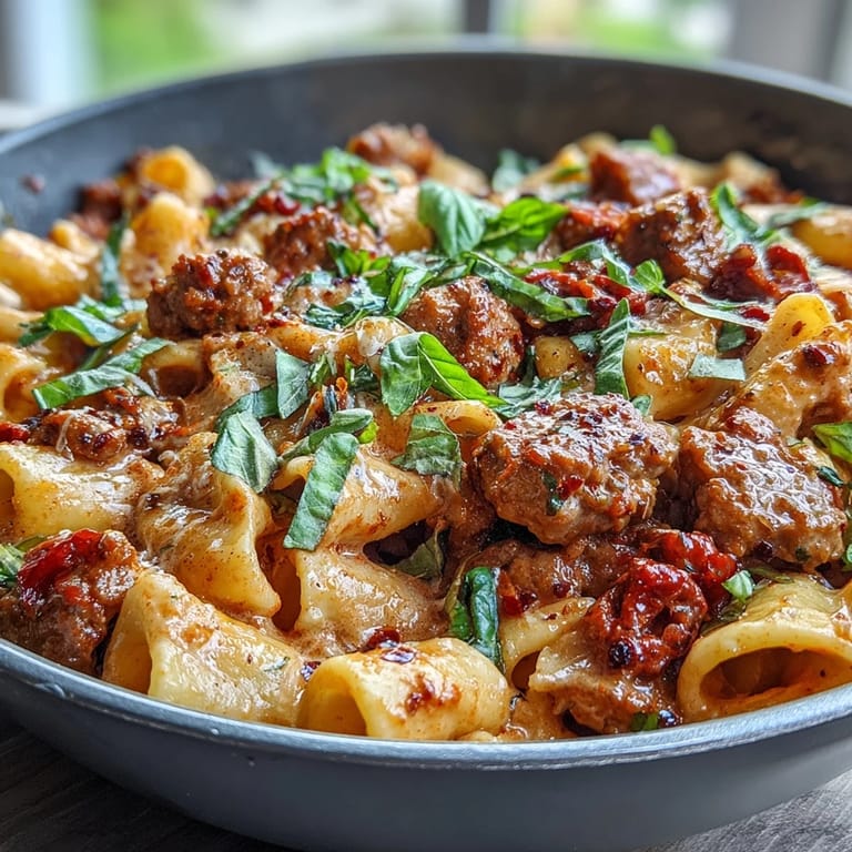Steaming One-Pot Red Wine Sausage Pasta served in a rustic bowl with melted Parmesan and a glass of dry red wine.