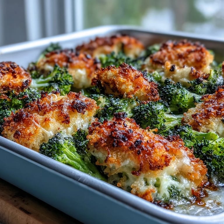 Overhead view of Crispy Parmesan Broccoli & Chicken Trays served on a white plate with lemon wedges.