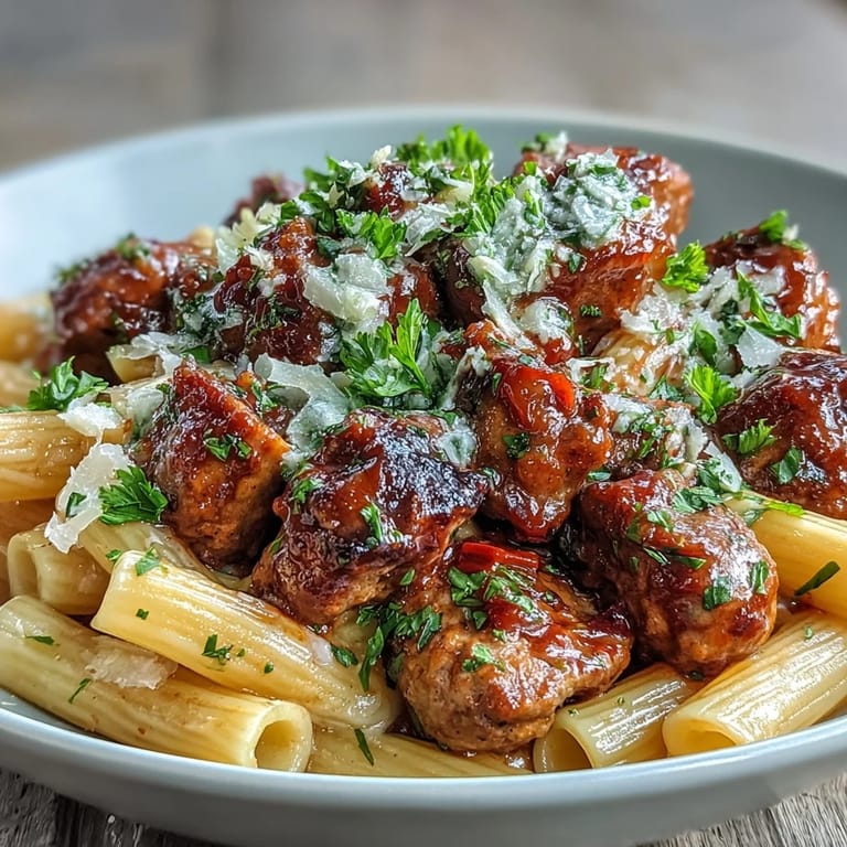 A close look at the hearty One-Pot Creamy Red Wine Sausage Pasta served steaming hot, ready to eat.