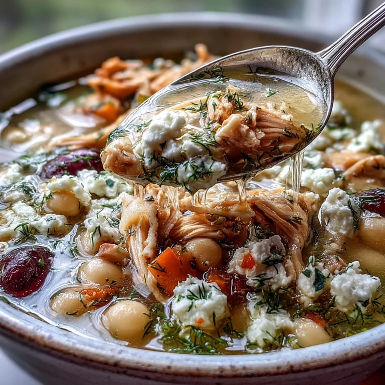 Close-up of Greek Chicken & Pearl Couscous Soup featuring tender chicken, vegetables, and pearl couscous in a rich broth.