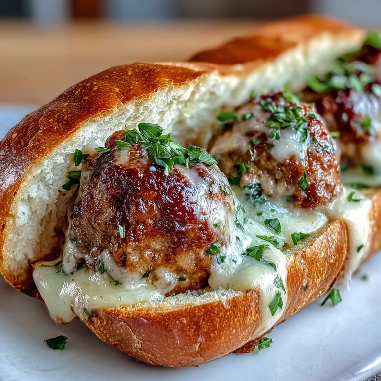 Garlic Parmesan Turkey Meatball Subs on a plate, melty mozzarella topping the warm, sauce-drenched meatball sandwiches.