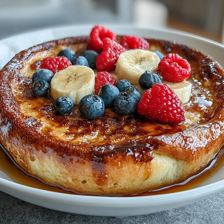 Golden fluffy Baked Protein Pancake Bowl with melty chocolate chips and sliced bananas, served with a drizzle of maple syrup.
