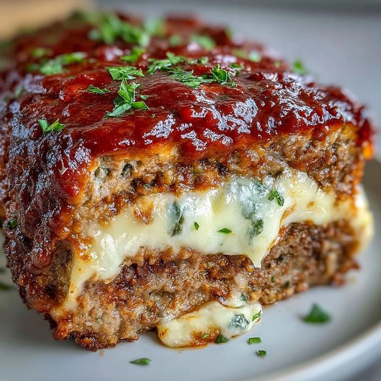 Juicy Italian Meatloaf with Mozzarella sliced to reveal a tender interior, garnished with fresh parsley and extra sauce.
