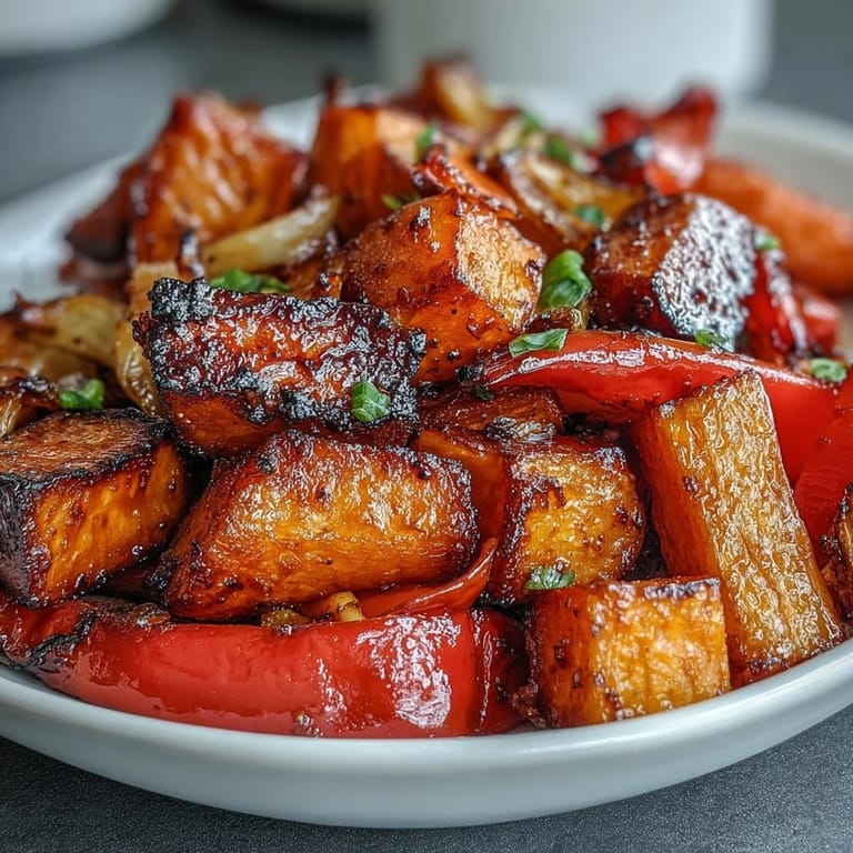 Golden, umami-rich Miso-Butter Roasted Vegetables on a baking sheet with charred red bell pepper and onion.