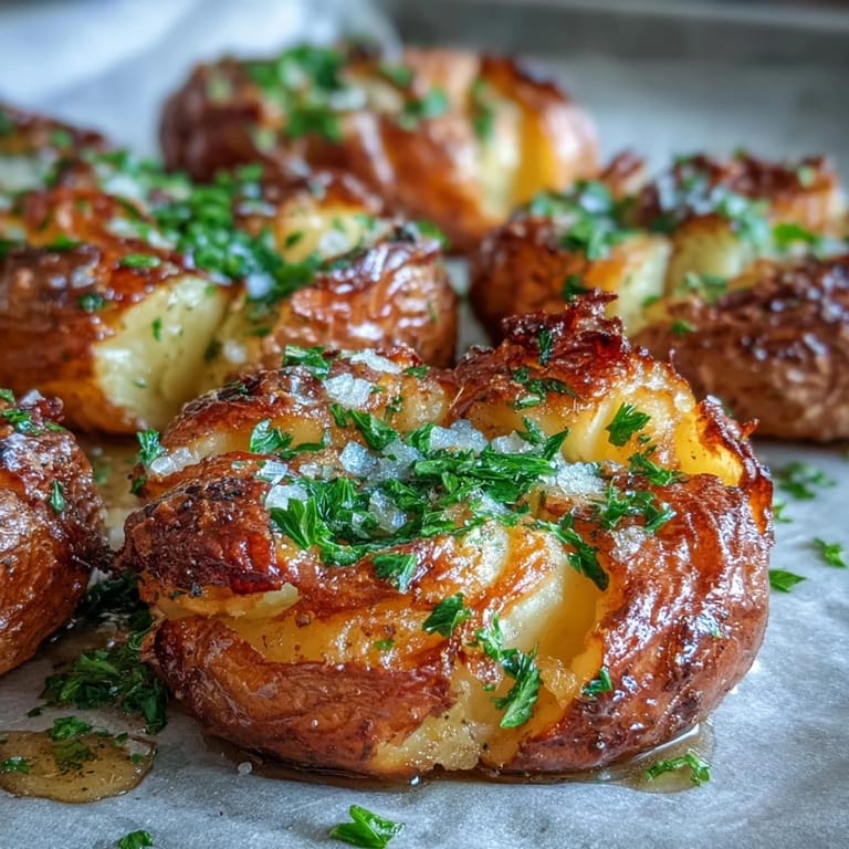 Sizzling garlic-infused oil drizzled over hot, fluffy smashed Garlic Potatoes in a skillet.