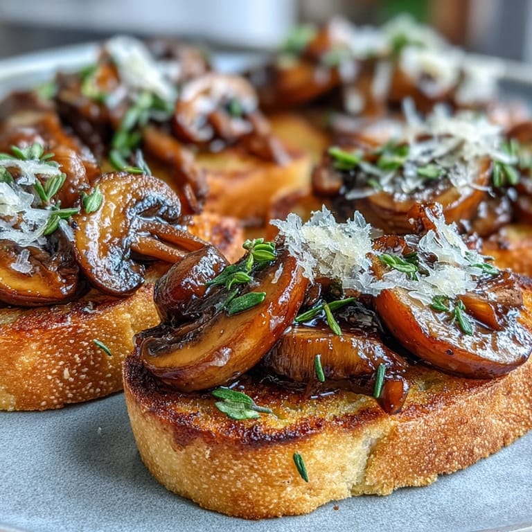 Fresh thyme garnish enhances these warm Wild Mushroom & Garlic Crostini appetizers.