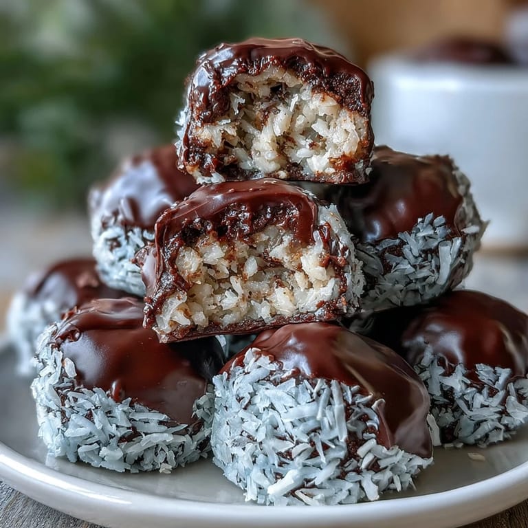 A hand holding a bite-sized Healthy Chocolate Coconut Bites showing a soft, golden coconut center.