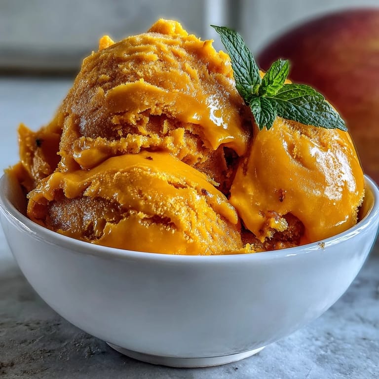 Close-up of Mango Sorbet in a waffle cone, highlighting its smooth, dairy-free texture and tropical mango flavor on a sunny day.