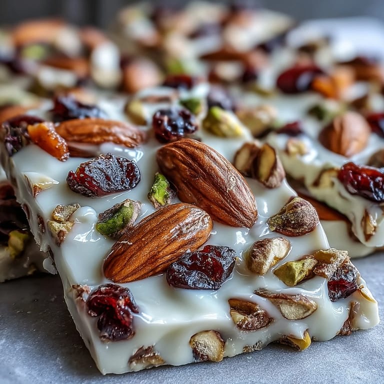 A decorative platter of homemade Pistachio White Chocolate Bark, perfect for gifting, beside a steaming mug of coffee.