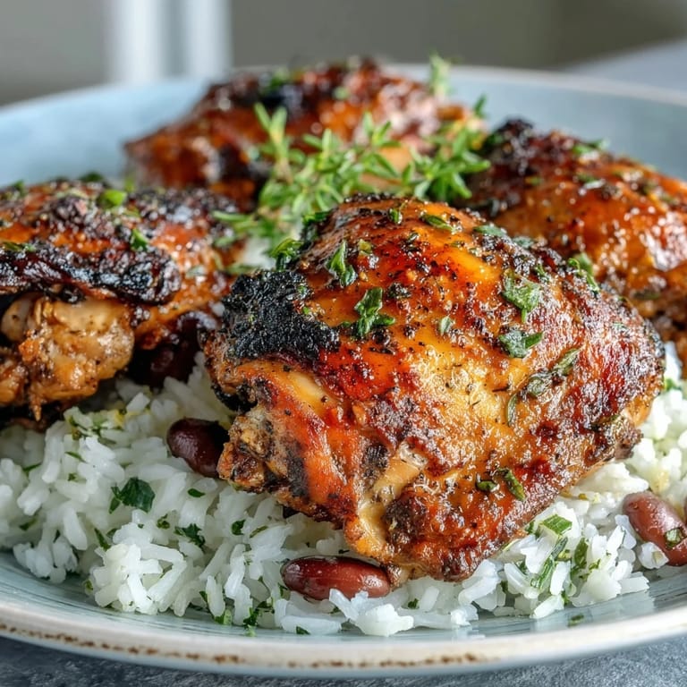 Plated Jerk Chicken Rice & Peas, featuring tender, spicy meat over steaming coconut rice and kidney beans, ready to serve.