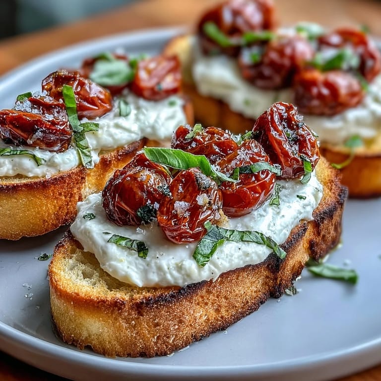 Crostini with Burrata & Cherry Tomatoes plated as an Italian appetizer, featuring golden bread, torn cheese, and glistening tomatoes.