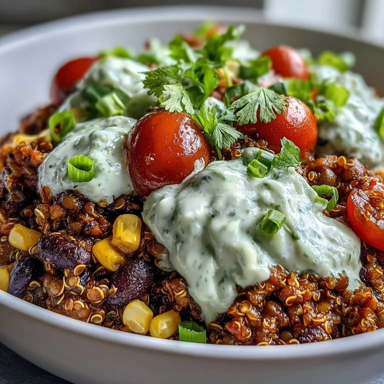 A creamy avocado lime crema generously drizzles over the hearty lentil-quinoa taco meat in this vibrant bowl.