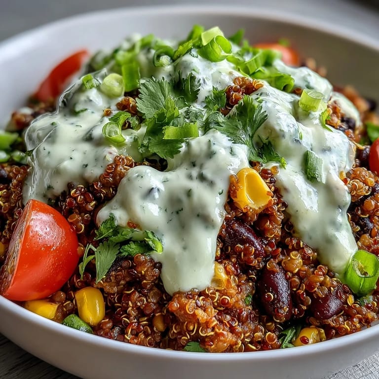 Colorful toppings like jalapeño, green onions, and fresh cilantro garnish these One-Pot Lentil Taco Meat Quinoa Bowls with Avocado Lime Crema.
