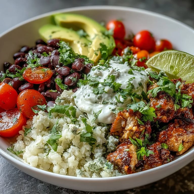 Close-up of a 400-Calorie Burrito Bowl with tender chicken, fluffy cauliflower rice, and colorful toppings for a healthy Mexican-inspired meal.