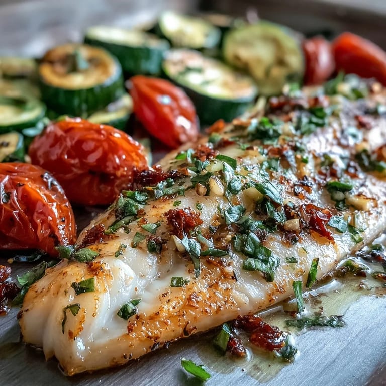 Golden, flaky Sheet Pan Garlic Herb Tilapia fillets alongside tender roasted zucchini and juicy red cherry tomatoes.