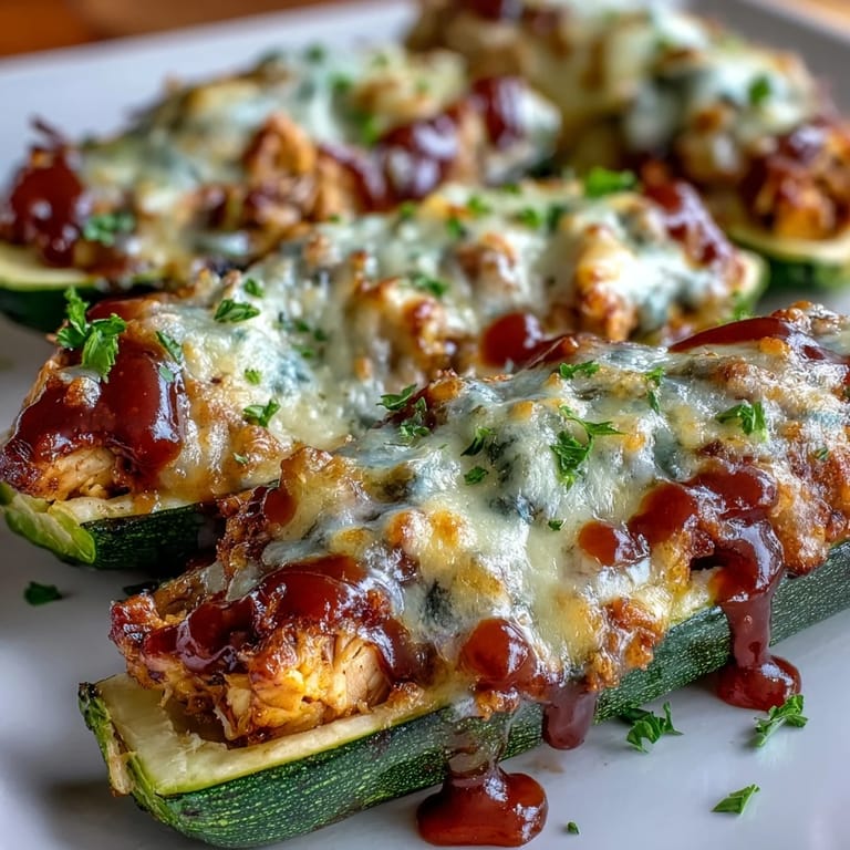 Freshly baked skinny zucchini boats with savory BBQ chicken and melted cheese on a plate.