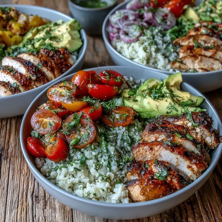 A vibrant Low-Cal Cilantro Lime Chicken and Cauliflower Rice Bowl with avocado, cherry tomatoes, and red onion on a rustic wooden table.