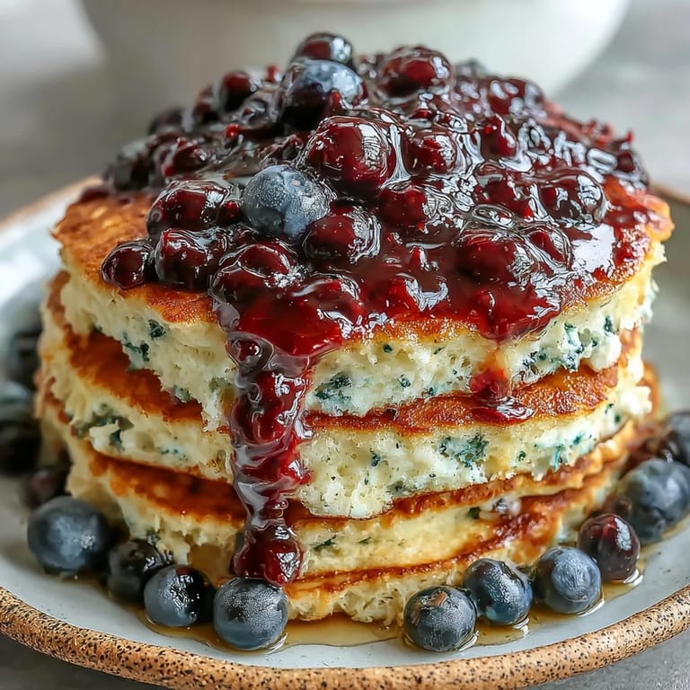 A close-up of fluffy High-Protein Greek Yogurt Pancakes with Blueberry Compote, topped with fresh berries and a dollop of creamy yogurt.