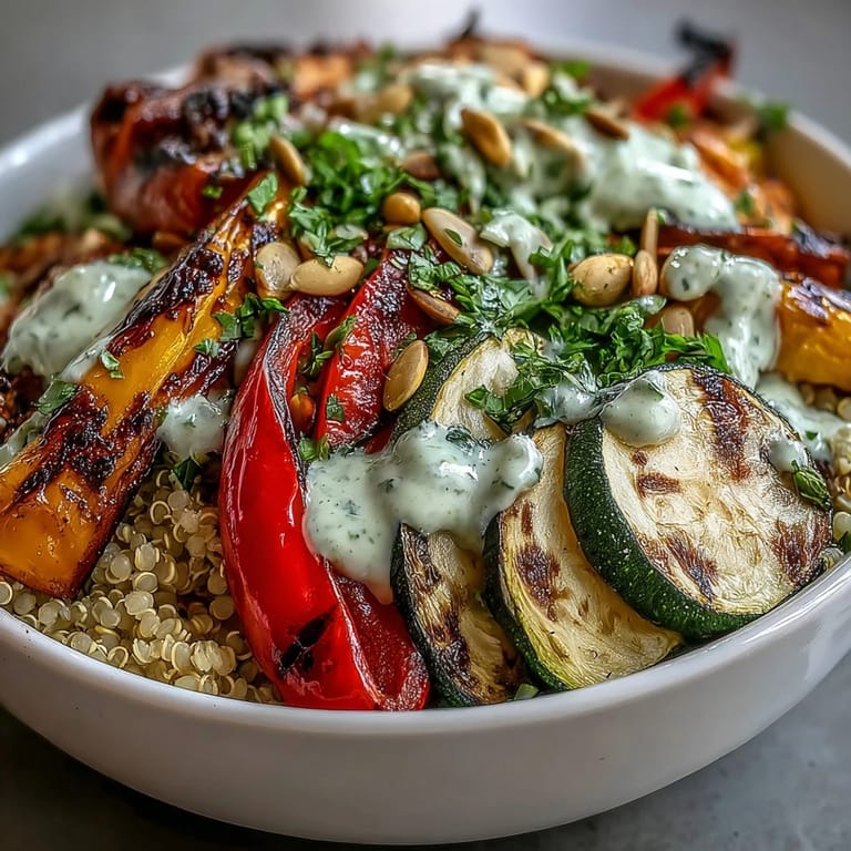 A serving of Grilled Veggie and Quinoa Power Bowls with Tahini Drizzle garnished with parsley, feta, and toasted pepitas.