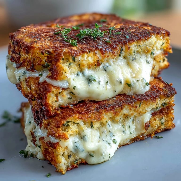 A toasted slice of Keto Cheesy Cauliflower Bread Grilled Cheese reveals gooey cheese layers on a plate.