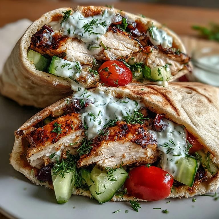 Juicy cherry tomatoes and diced cucumbers spill out of fluffy pita bread, showcasing the savory Light Greek Chicken Pita Pockets recipe.