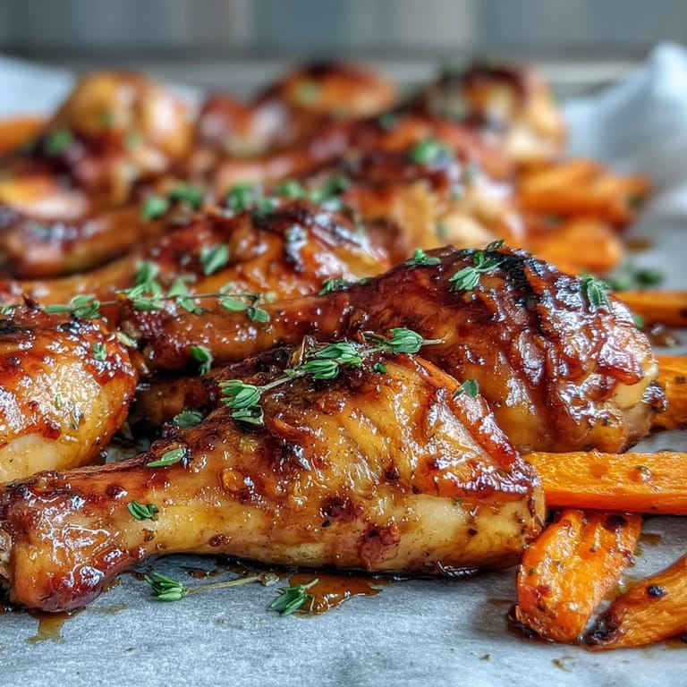 A close-up of Sheet Pan Honey Garlic Chicken Drumsticks with Roasted Carrots showing sticky glaze and tender, caramelized vegetables.