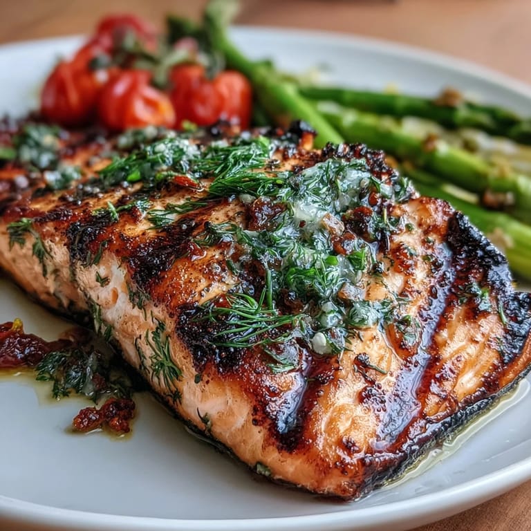 Tender salmon fillets marinated in zesty lemon and fresh herbs, grilled alongside crisp asparagus and sweet cherry tomatoes for a Mediterranean-inspired dinner.  