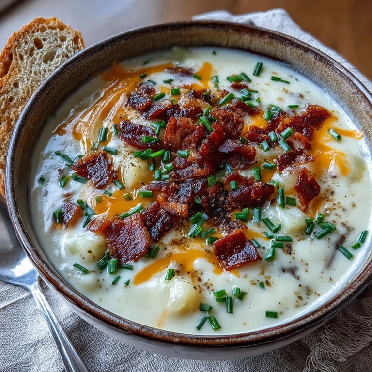 Rich and velvety baked potato soup featuring chunks of potato, smoky bacon, and sharp cheddar, perfect for cozy dinners.  