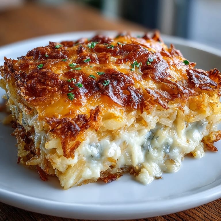 Creamy hashbrown casserole baked until bubbly, topped with golden melted cheese, ideal for brunch or family gatherings.